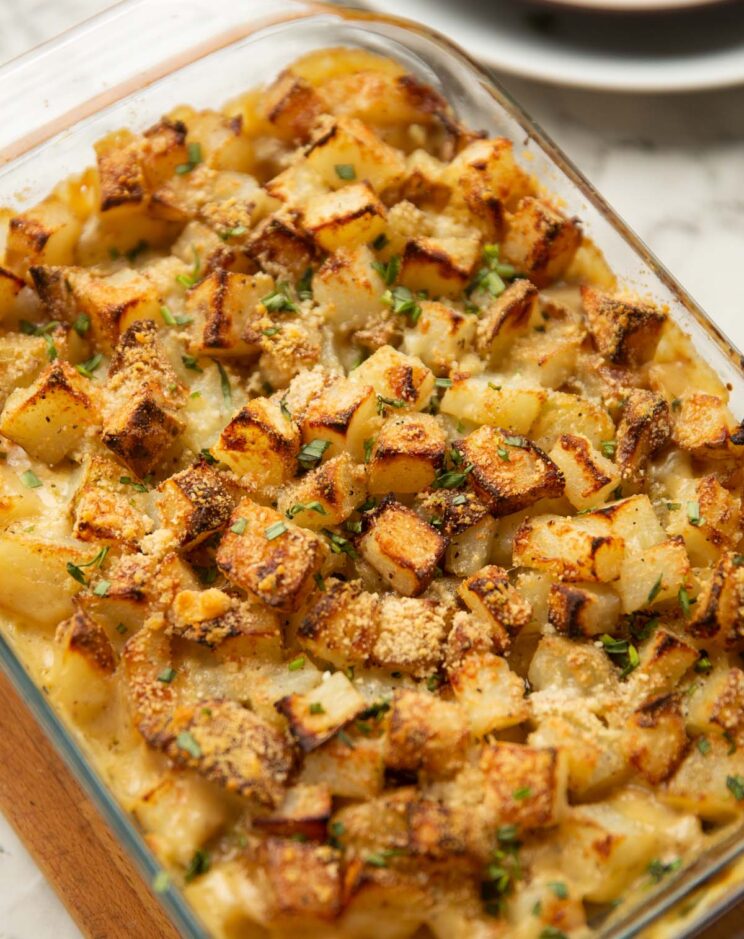 chicken tarragon bake fresh out the oven in baking dish
