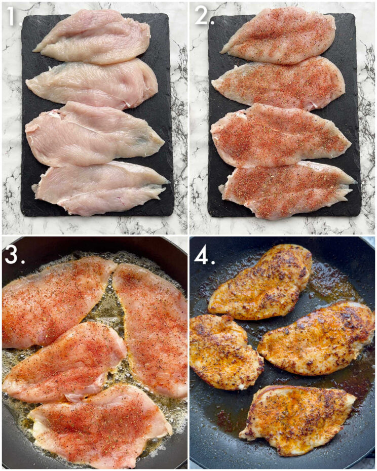 4 step by step photos showing how to fry chicken breast