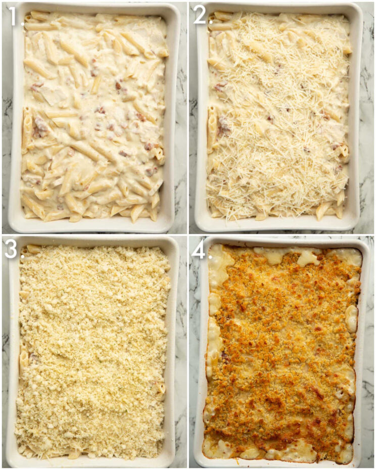 4 step by step photos showing how to make chicken bacon pasta bake
