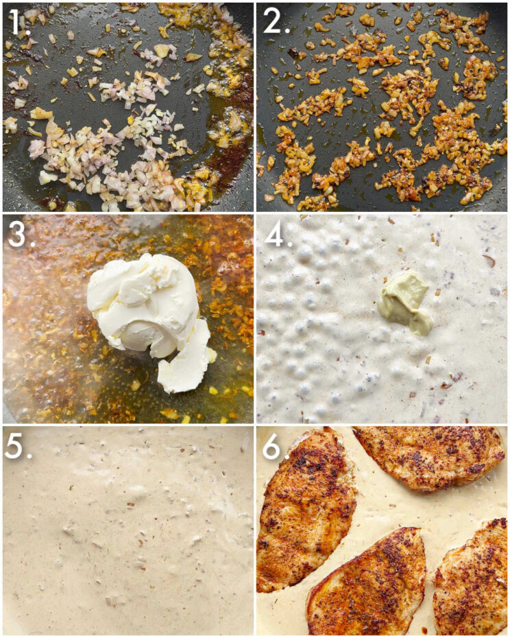 6 step by step photos showing how to make cream cheese chicken