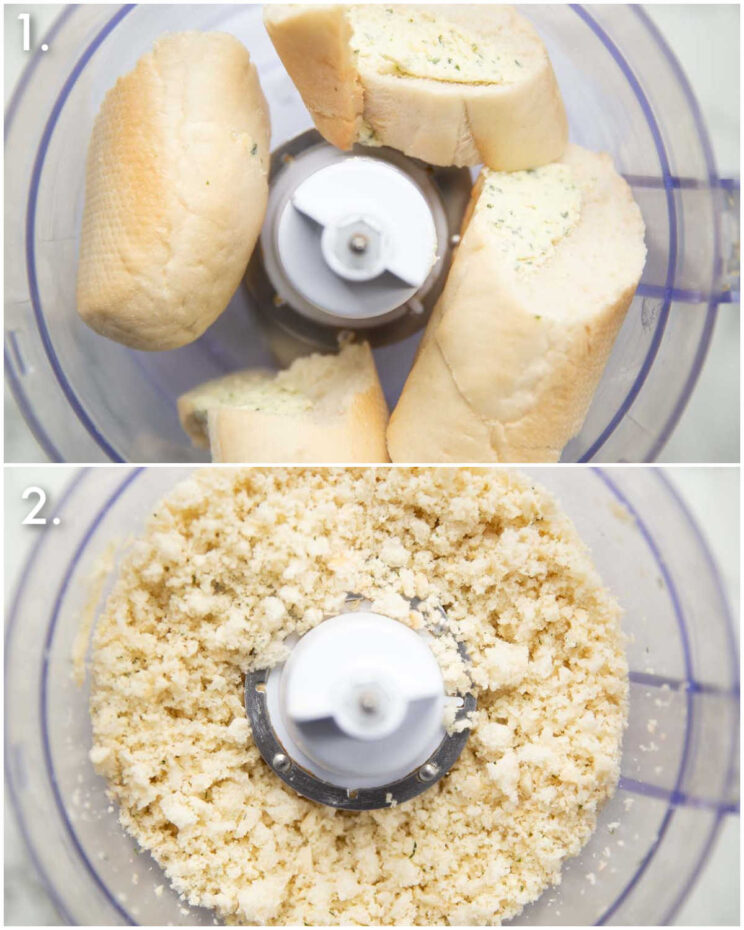 2 step by step photos showing how to make garlic breadcrumbs