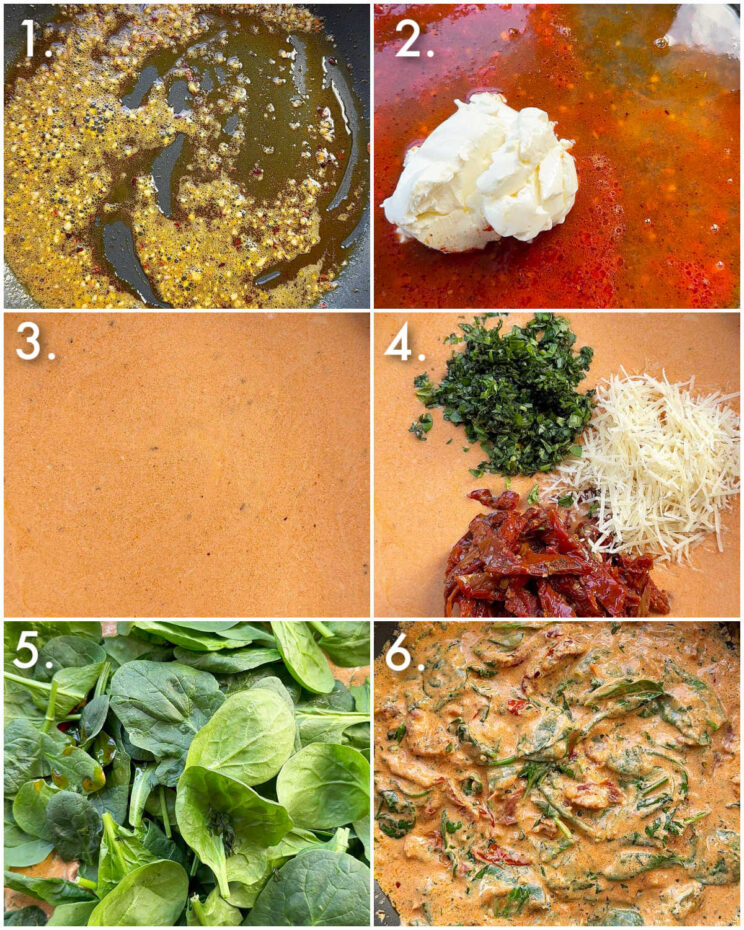 6 step by step photos showing how to make creamy gnocchi