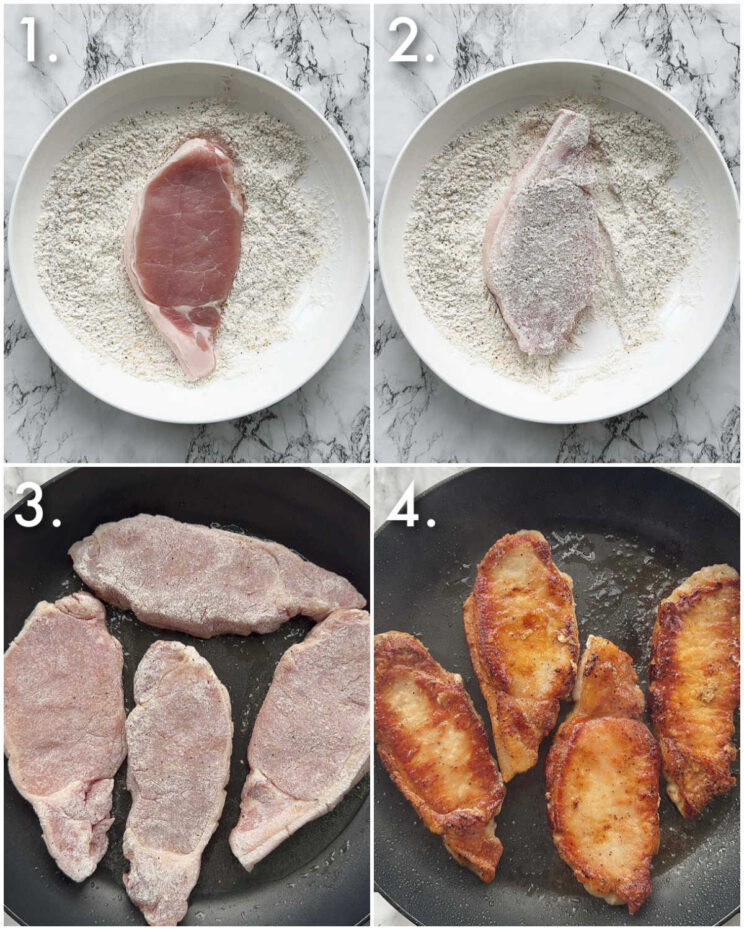 4 step by step photos showing how to prepare pork chops