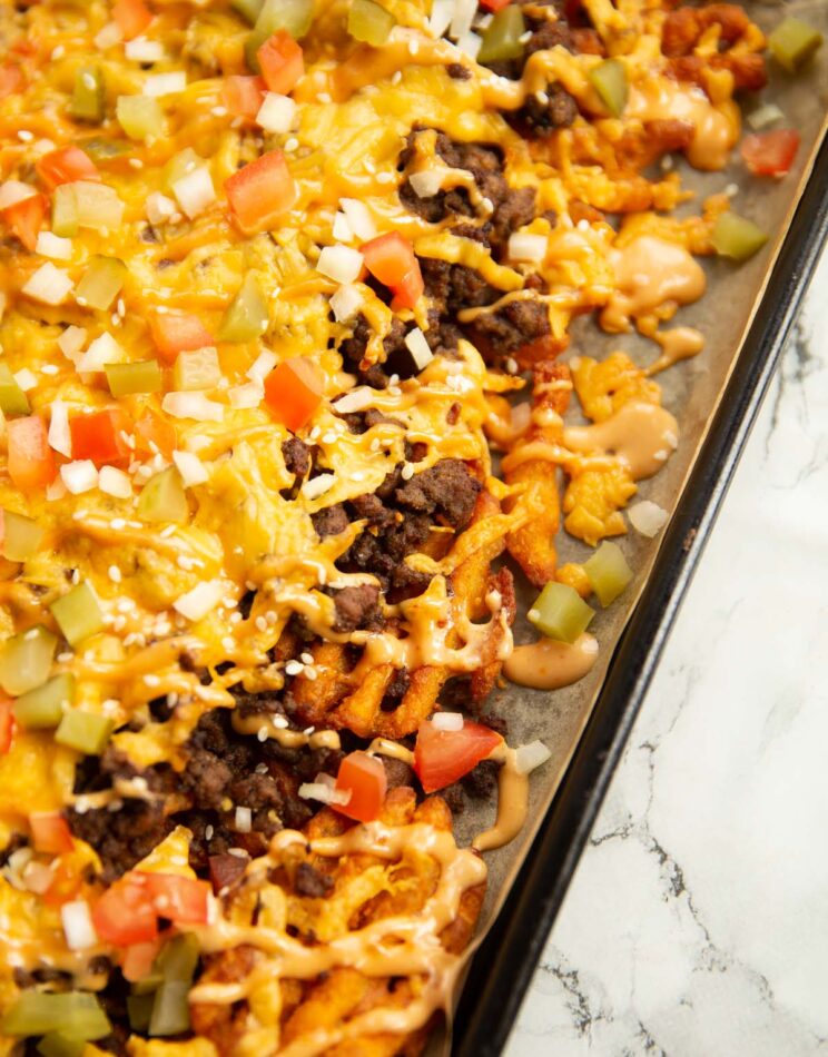 cheeseburger loaded waffle fries serve don baking paper on baking tray