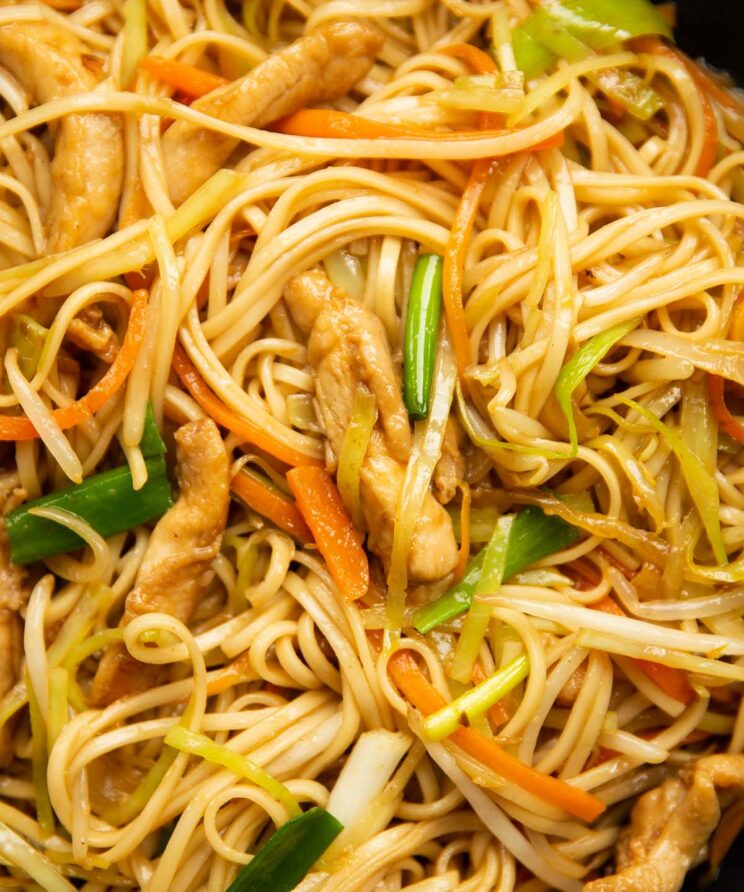 close up overhead shot of chicken chow mein