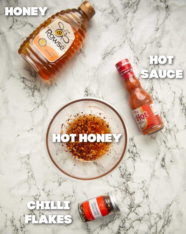overhead shot of hot honey ingredients with text labels