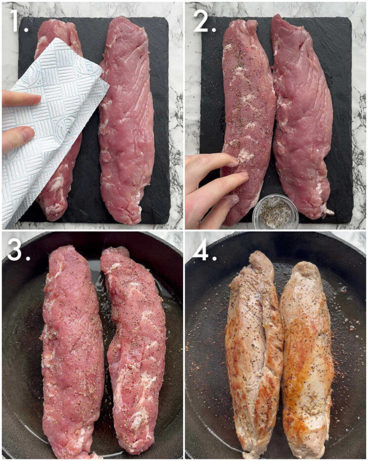 4 step by step photos showing how to cook pork tenderloin