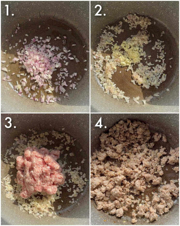 4 step by step photos showing how to cook sausage