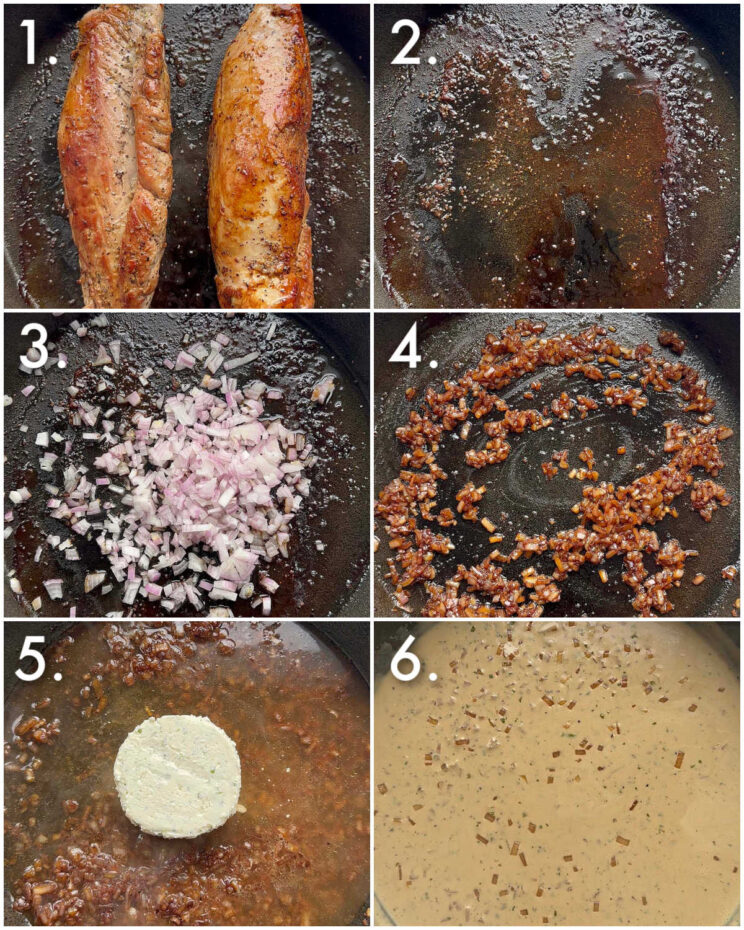 6 step by step photos showing how to make boursin sauce for pork