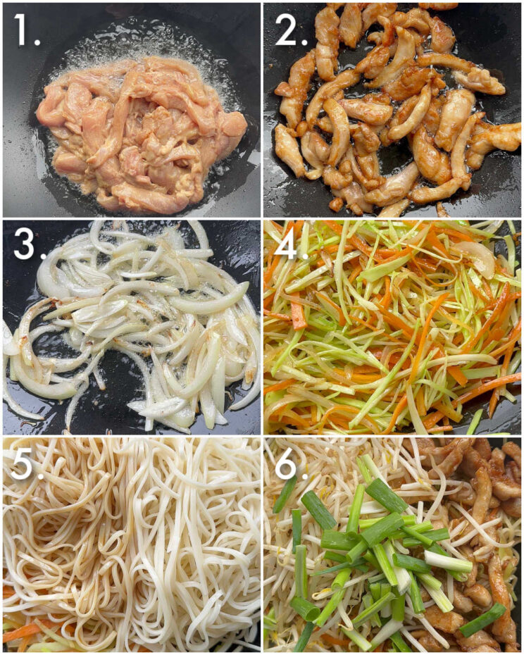 6 step by step photos showing how to make chicken chow mein