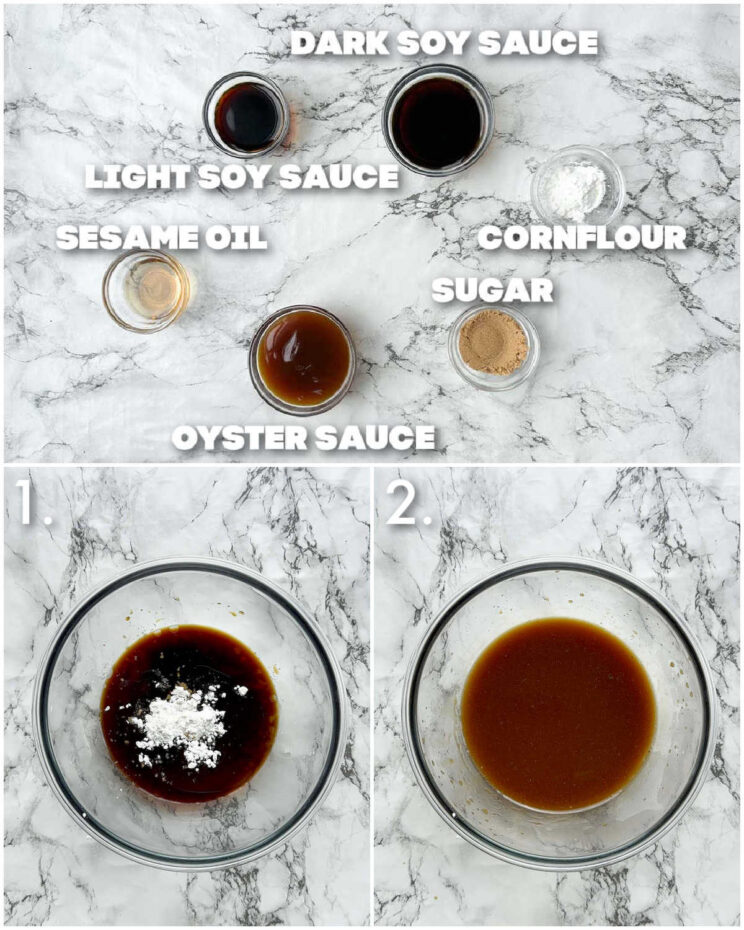 3 step by step photos showing how to make chow mein sauce