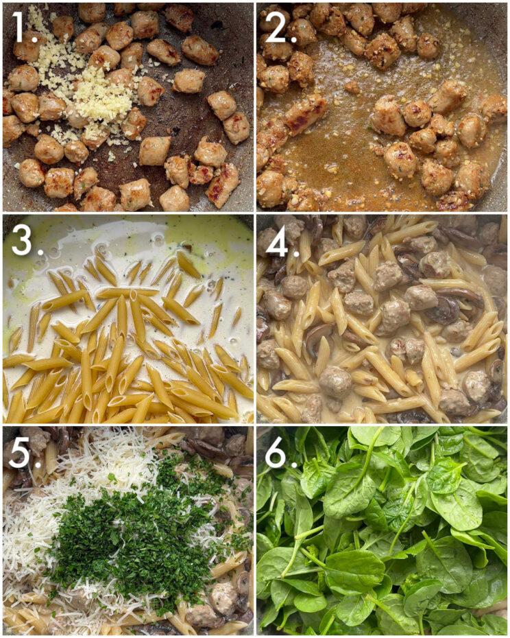6 step by step photos showing how to make one pot sausage mushroom pasta