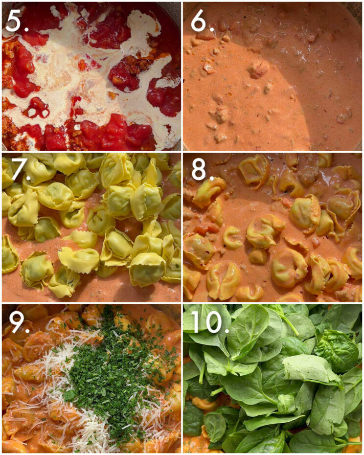 6 step by step photos showing how to make one pot tortellini