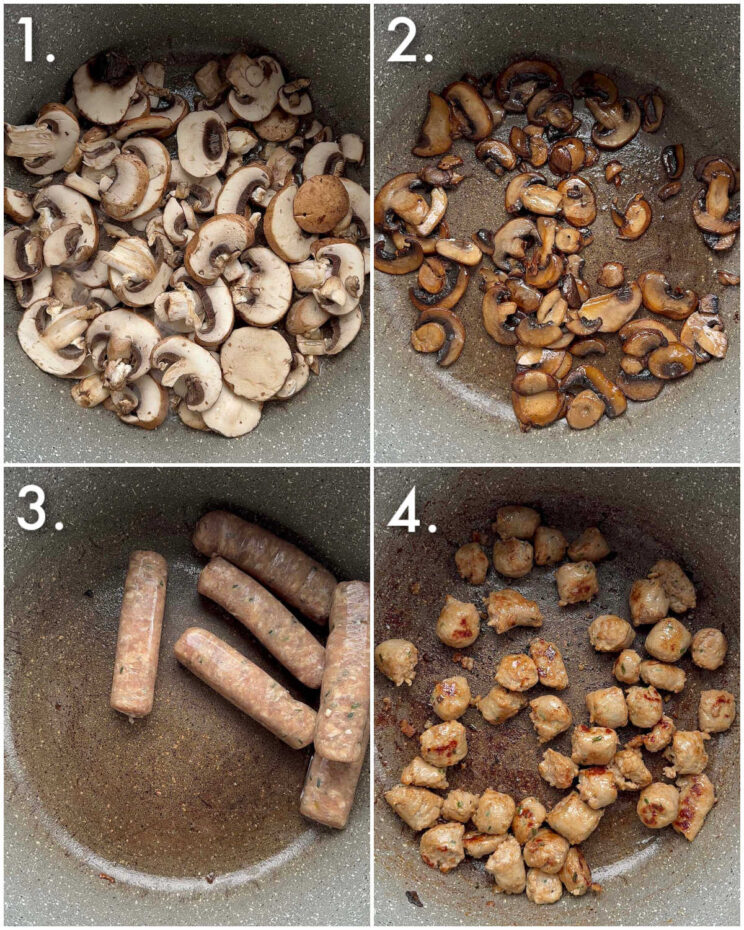 4 step by step photos showing how to make sausage mushroom pasta