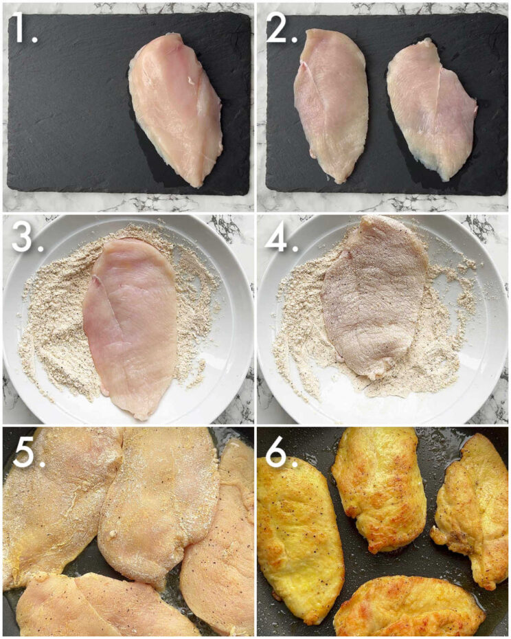 6 step by step photos showing how to pan fry chicken breast