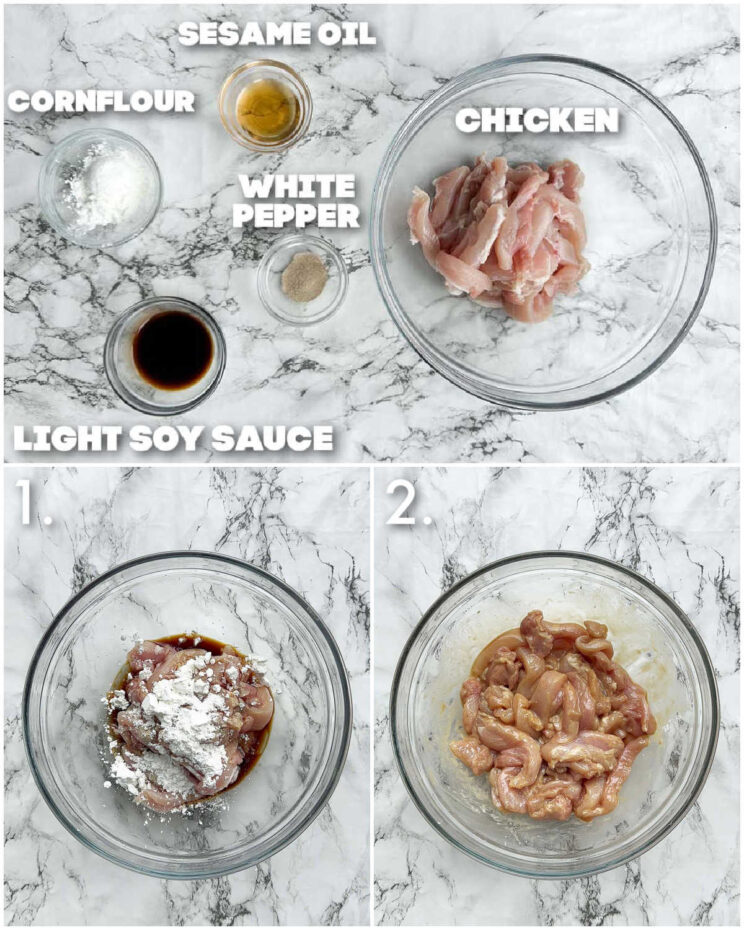 3 step by step photos showing how to prepare chicken chow mein