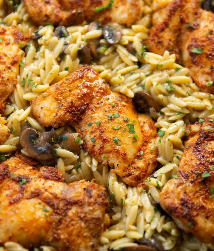 close up shot of garlic butter chicken orzo in large pan