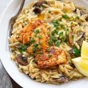 garlic butter chicken orzo served in large white bowl with fork and lemon wedges