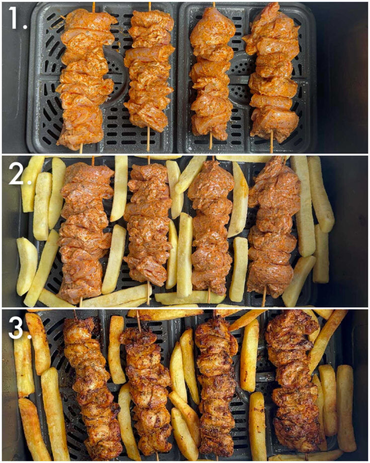 3 step by step photos showing how to air fryer chicken souvlaki