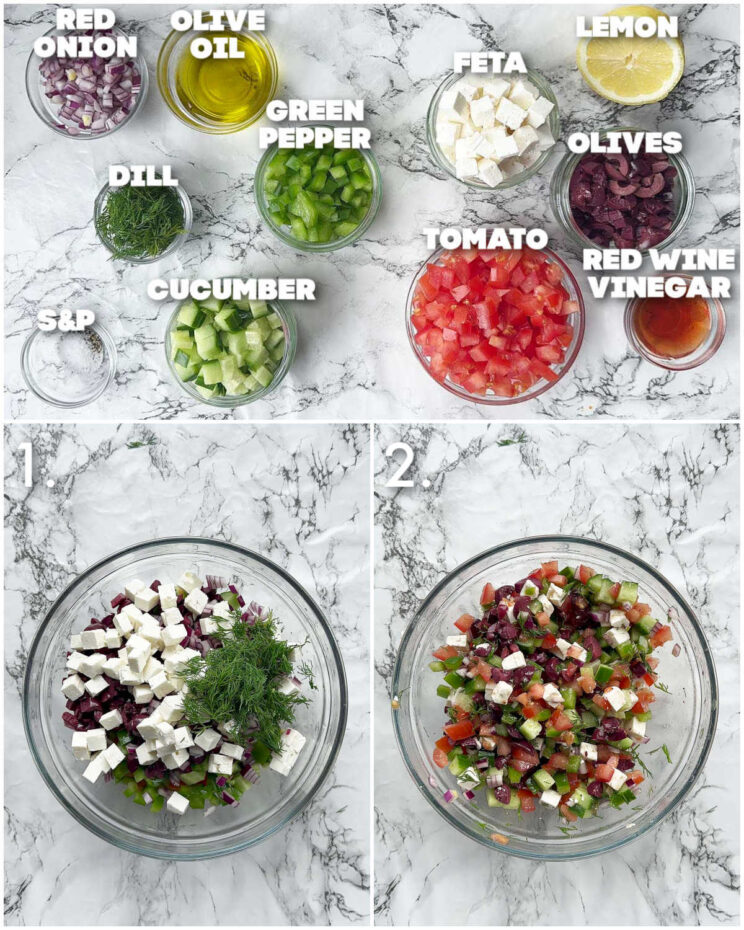 2 step by step photos showing how to make chopped greek salad