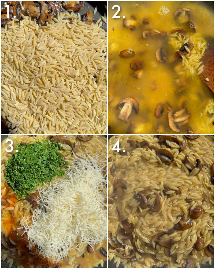 4 step by step photos showing how to make garlic butter orzo