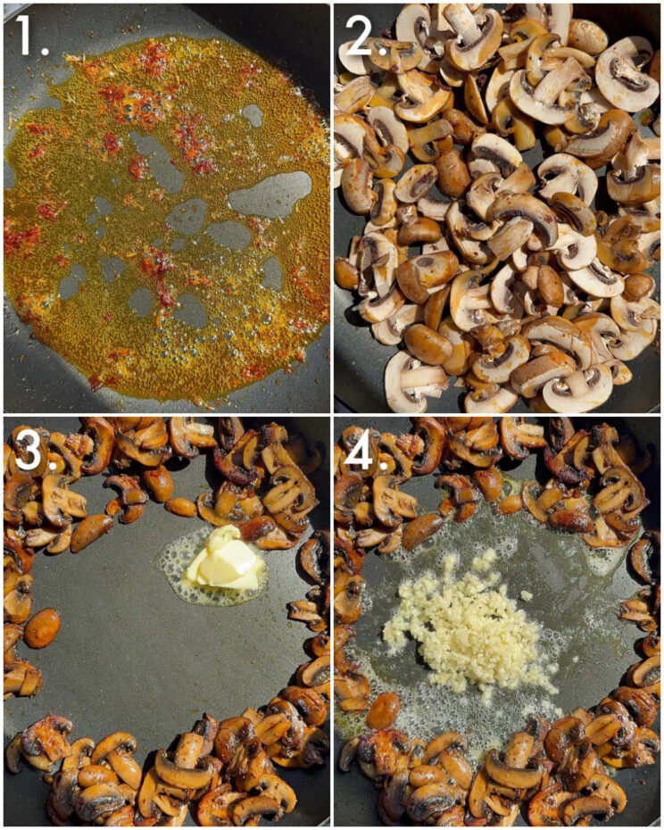 4 step by step photos showing how to make garlic mushrooms