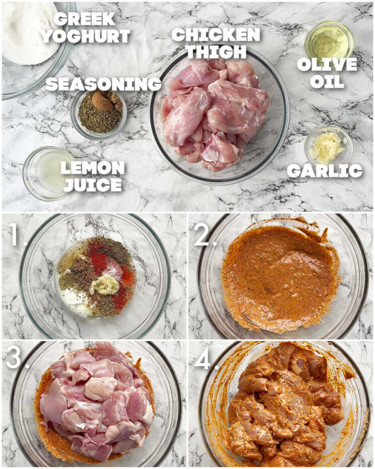 4 step by step photos showing how to marinate chicken souvlaki