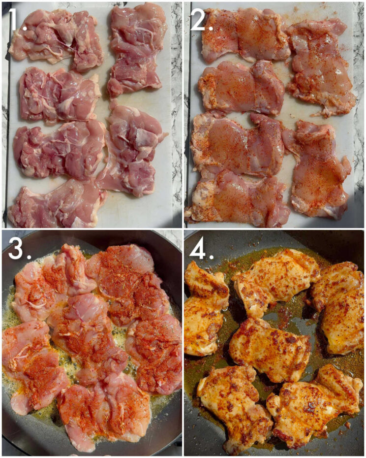4 step by step photos showing how to pan fry chicken thighs