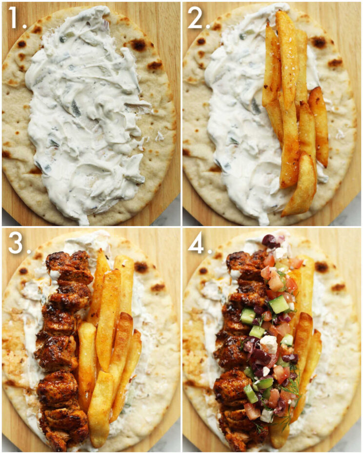 4 step by step photos showing how to serve chicken souvlaki