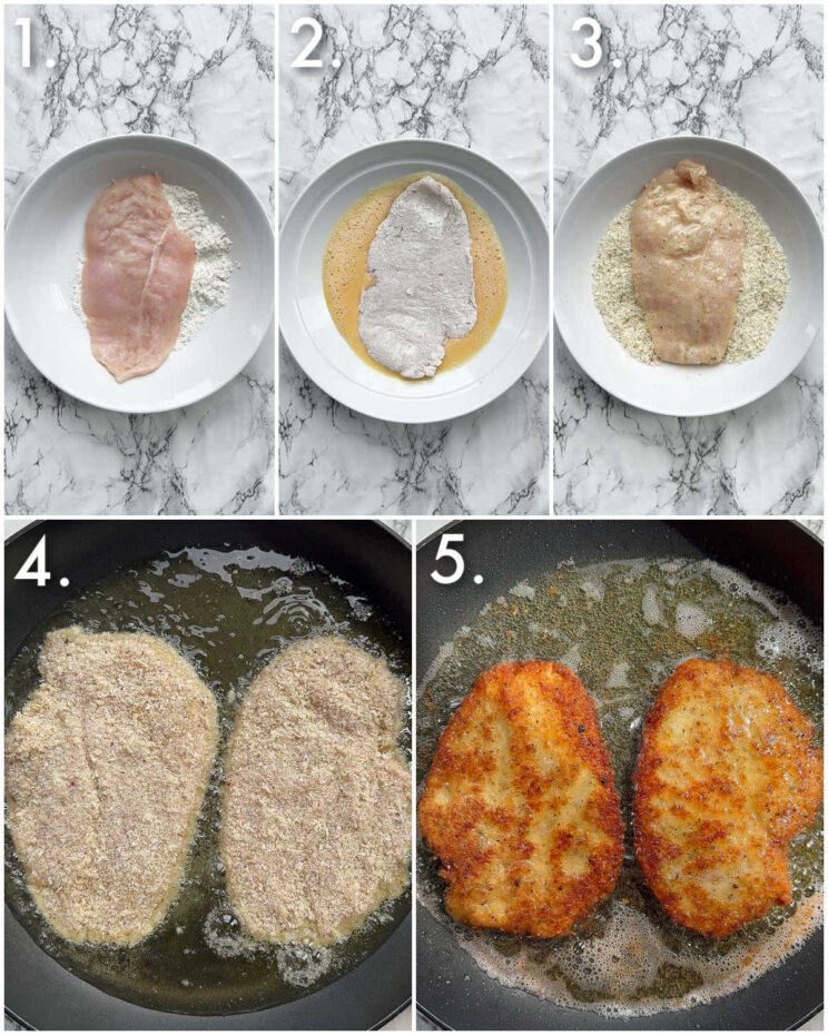 5 step by step photos showing how to cook chicken milanese