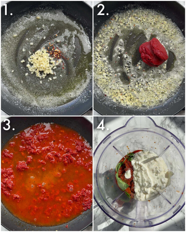 4 step by step photos showing how to make cottage cheese pasta sauce