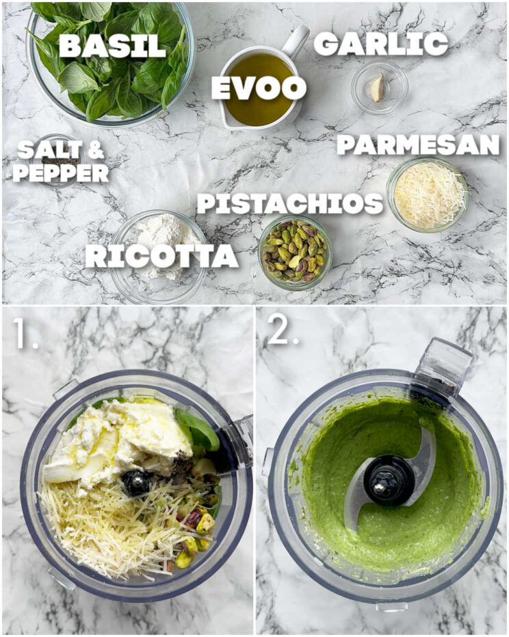3 step by step photos showing how to make creamy pistachio pesto