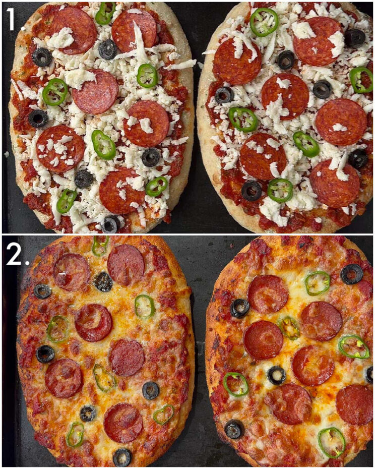 2 step by step photos showing how to make garlic flatbread pizzas