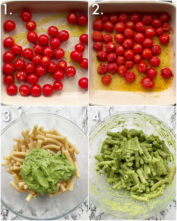 4 step by step photos showing how to make pistachio pesto pasta