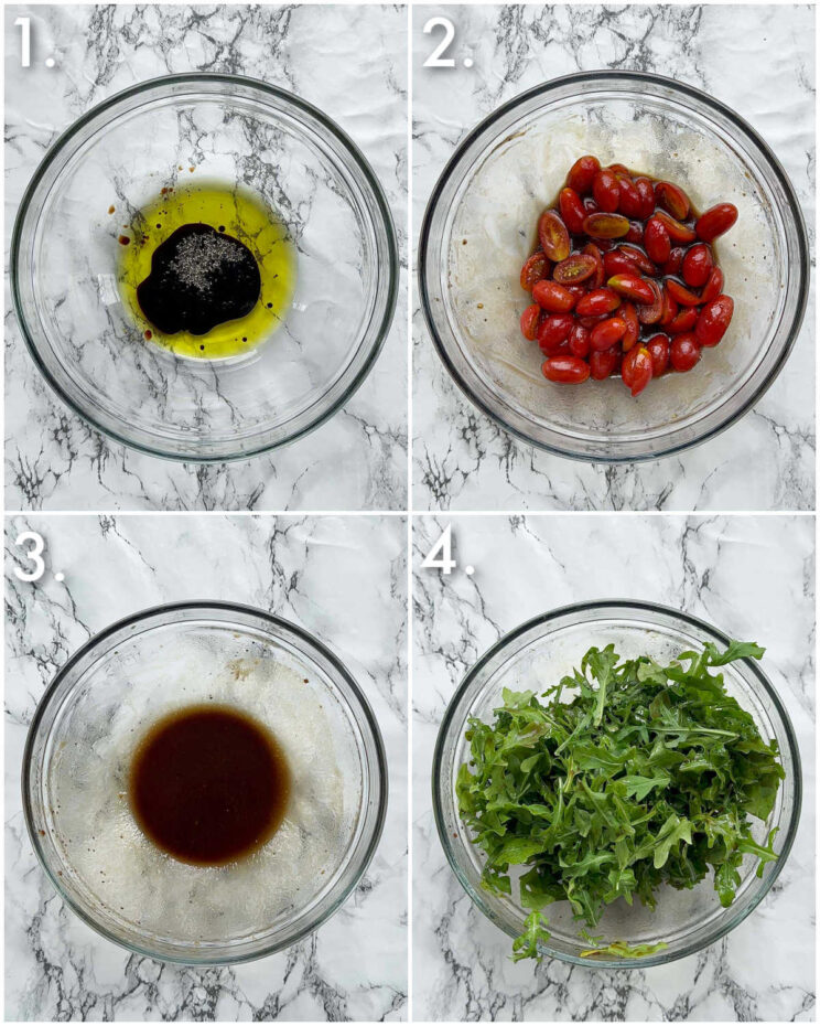 4 step by step photos showing how to make a side salad for chicken milanese