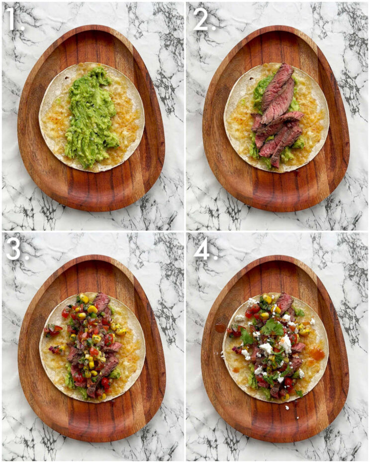 4 step by step photos showing how to make steak tacos