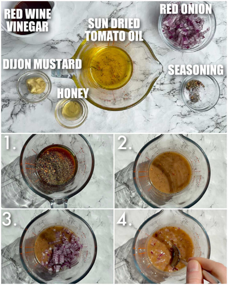 4 step by step photos showing how to make sun dried tomato salad dressing