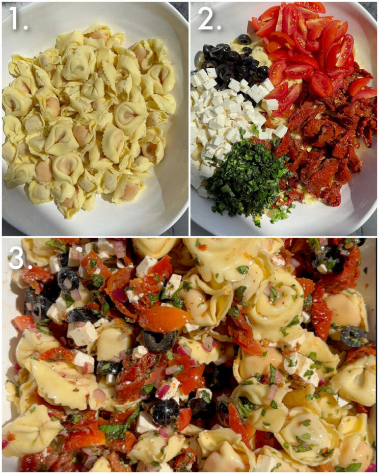 3 step by step photos showing how to make tortellini pasta salad