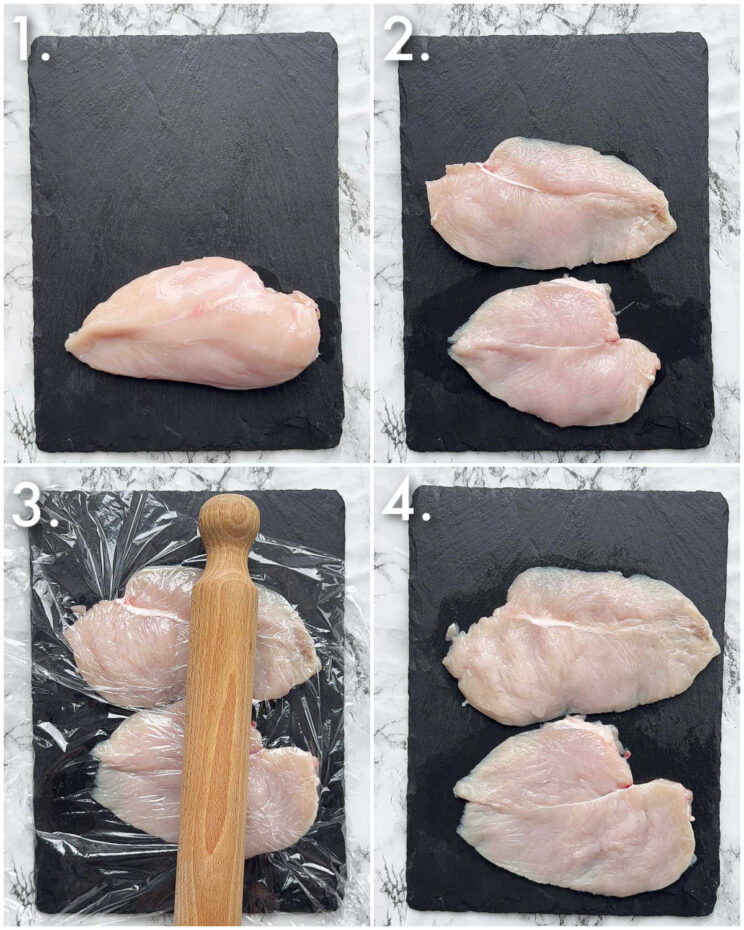 4 step by step photos showing how to prepare chicken milanese