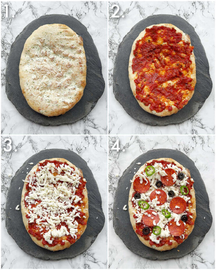 4 step by step photos showing how to prepare garlic flatbread pizzas