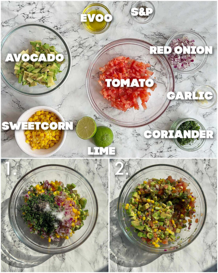3 step by step photos showing how to make avocado corn salsa