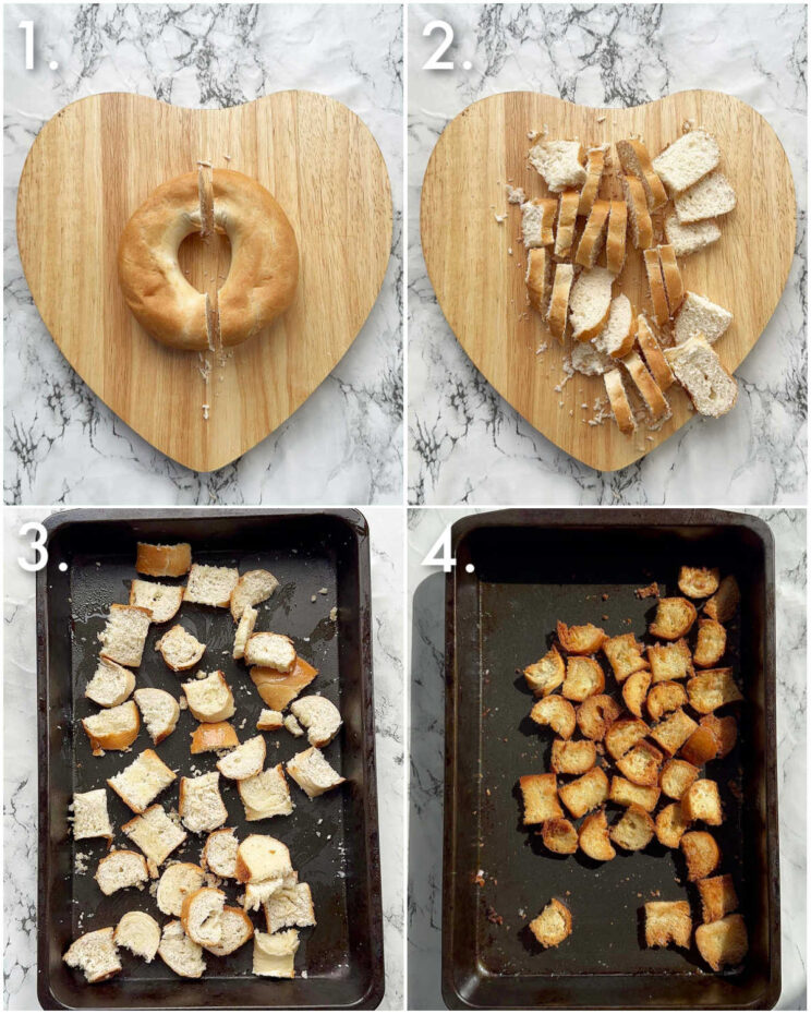 4 step by step photos showing how to make bagel croutons