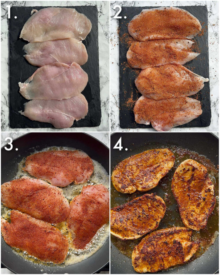 4 step by step photos showing how to make cajun chicken breast