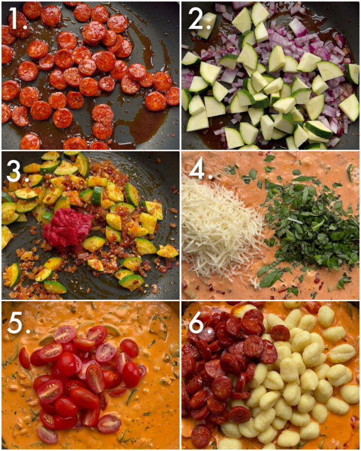 6 step by step photos showing how to make creamy chorizo gnocchi