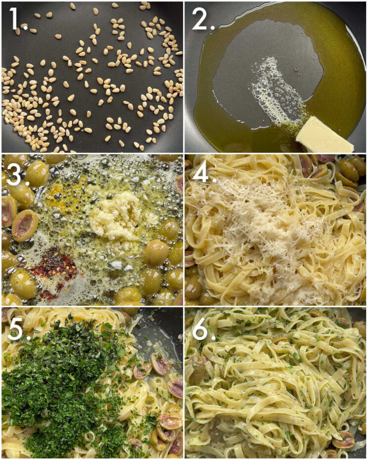 6 step by step photos showing how to make olive pasta