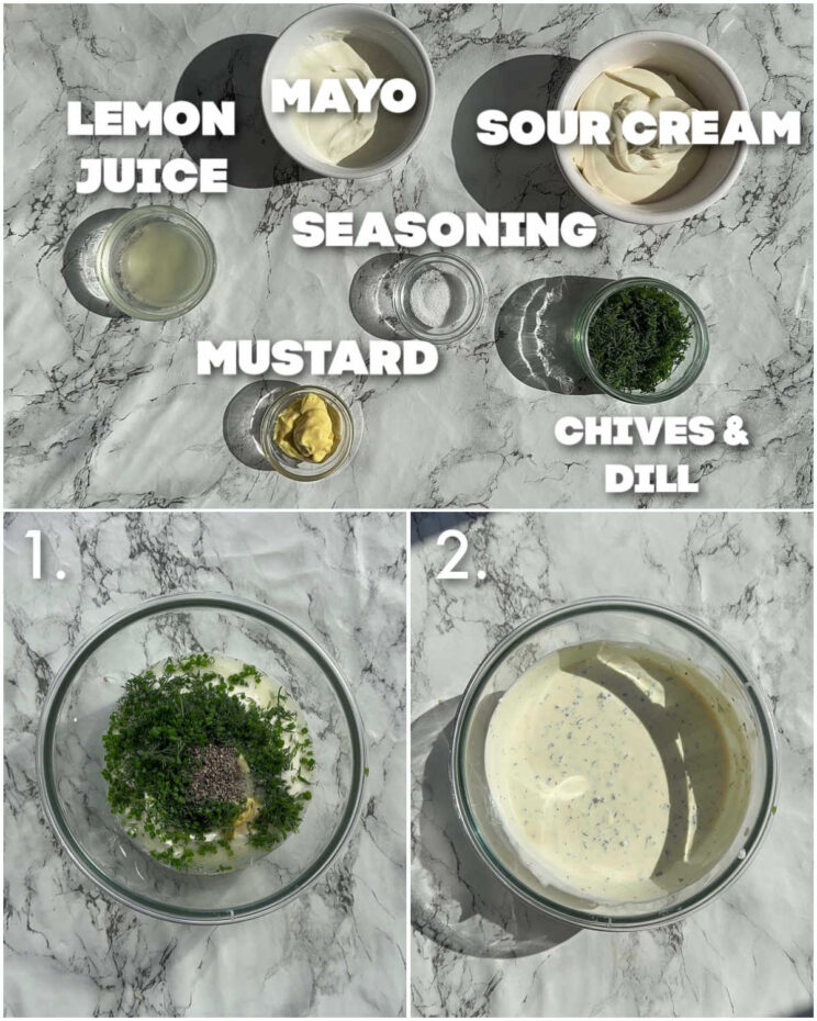 3 step by step photos showing how to make salmon pasta salad dressing