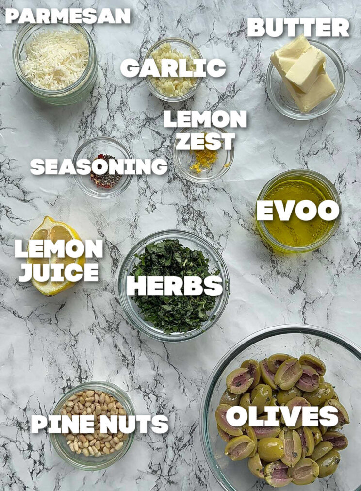 overhead shot of olive pasta ingredients with text labels