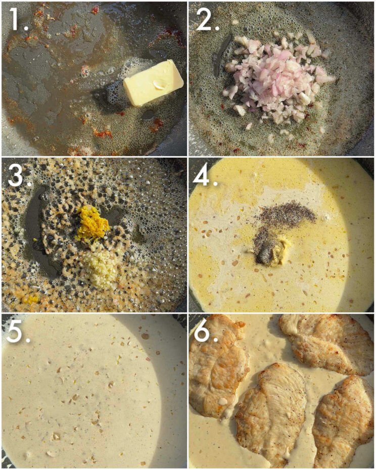 6 step by step photos showing how to make creamy lemon sauce for chicken