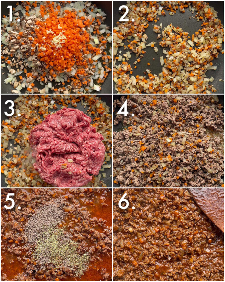 6 step by step photos showing how to make cottage pie filling