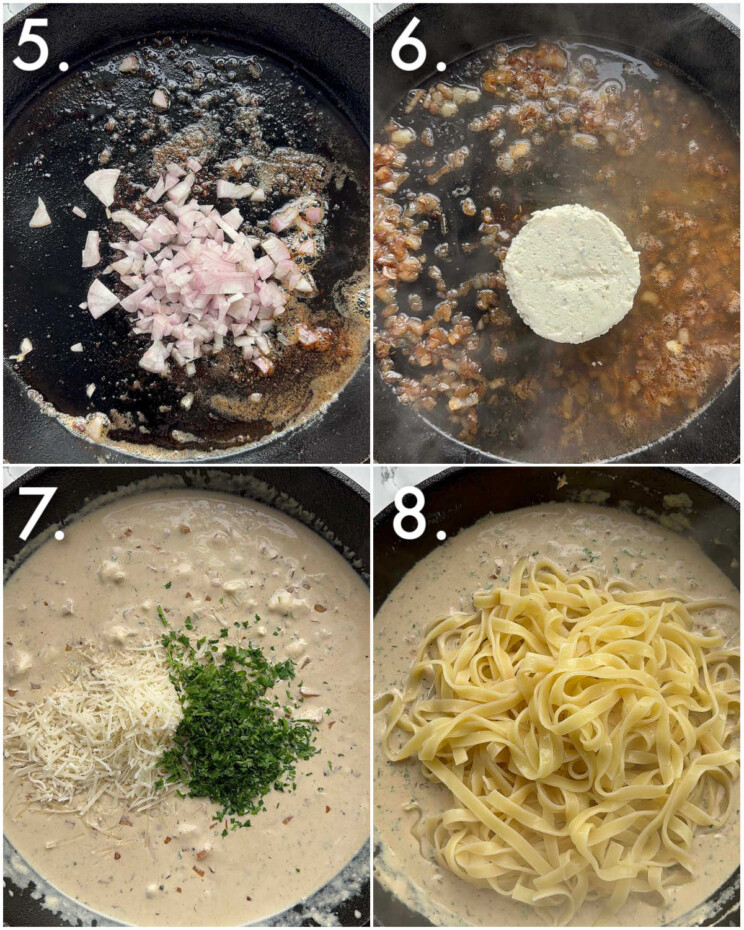 4 step by step photos showing how to make steak pasta